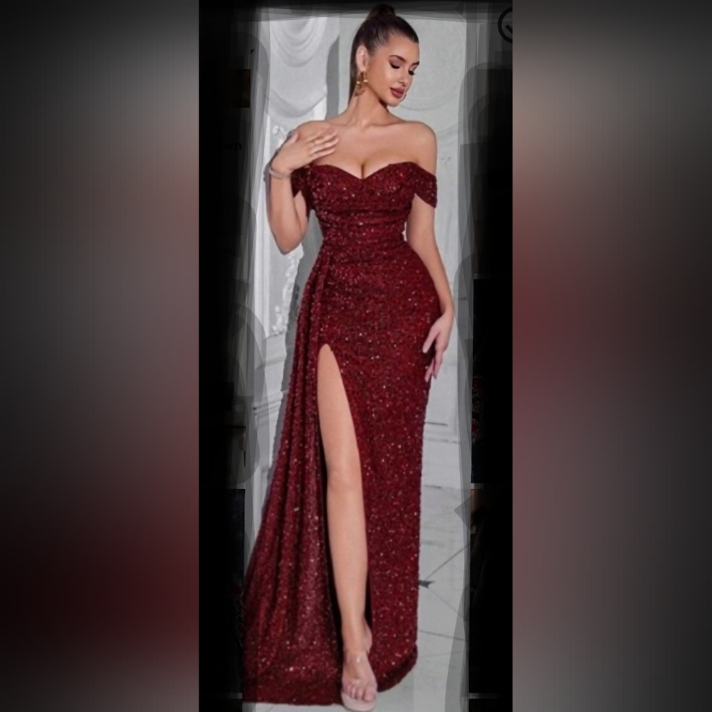 Elegant Off-Shoulder Burgundy Evening Gown New Never Used